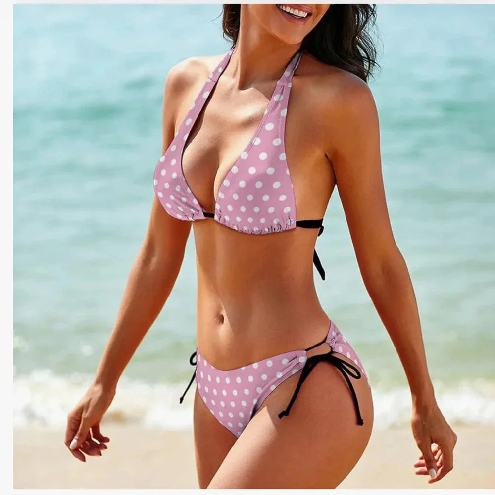 PINK AND WHITE POLKA DOT STRING BIKINI SET SIZE SMALL